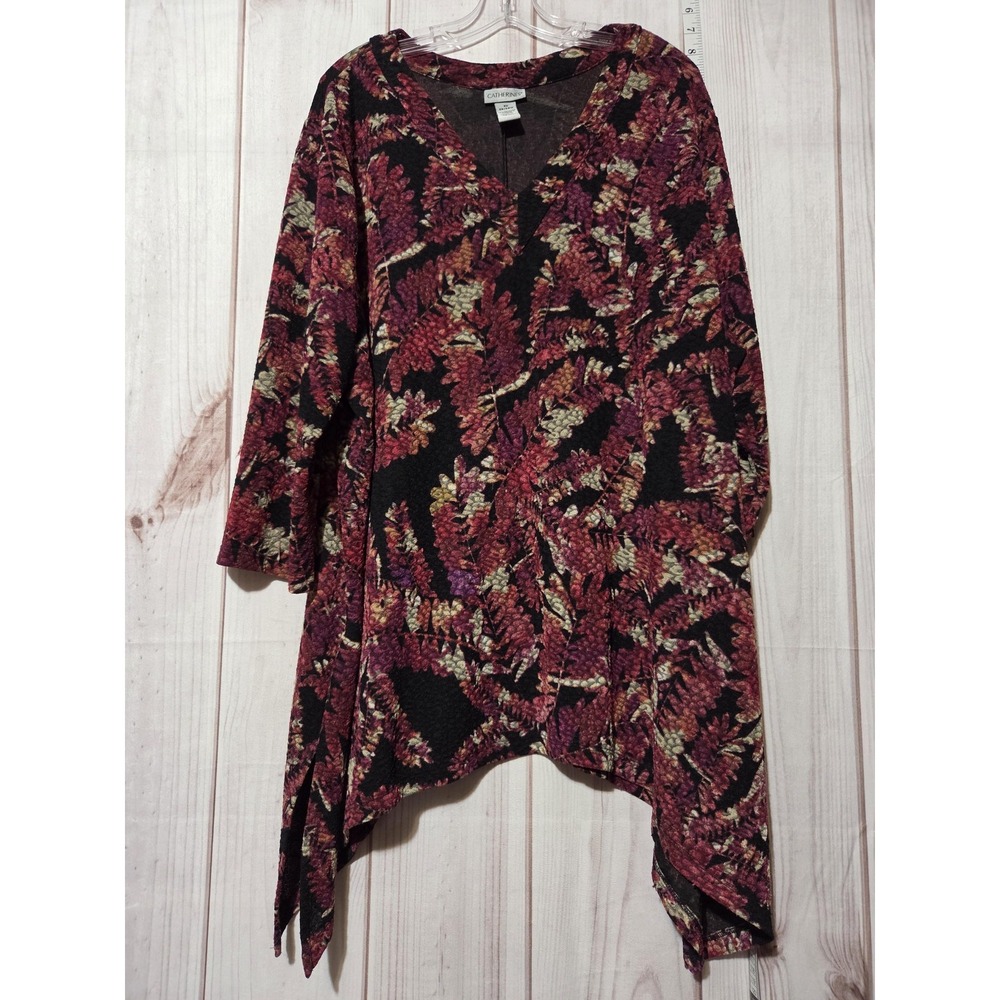 Catherines Shirt Womens 3X 26/28W Black Floral Tunic V Neck Long Sleeve Plus‎